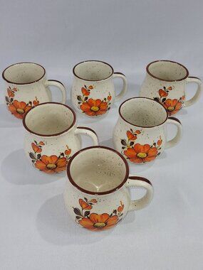 Valencia Floral Poppy Set 6 Coffee Mugs Vintage Stoneware 1970s Cups Japan